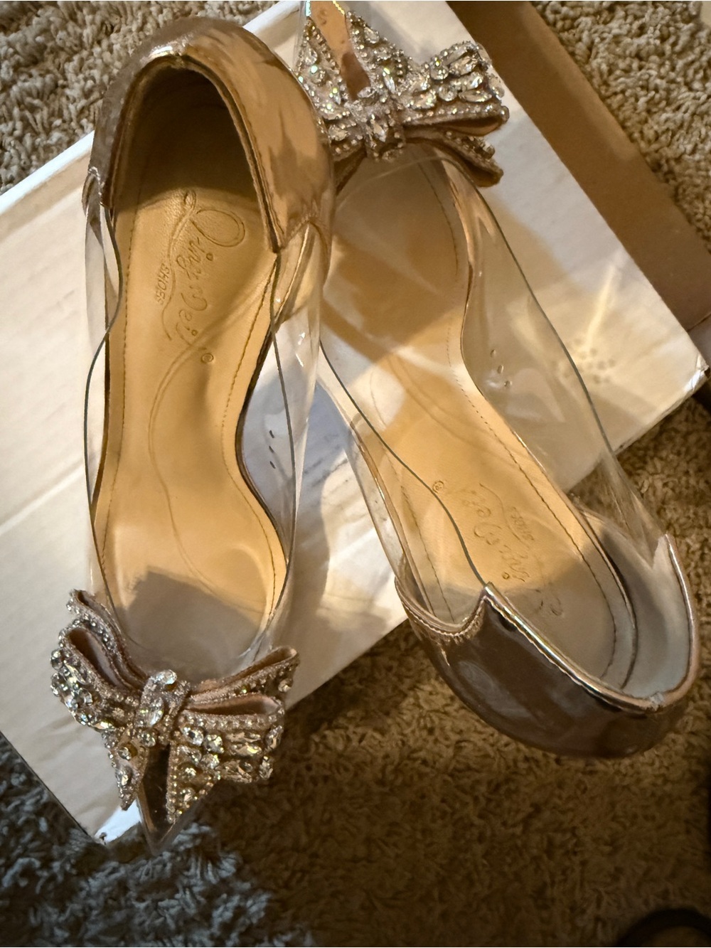 Embellished Bow Pointed Flats in Rose Gold